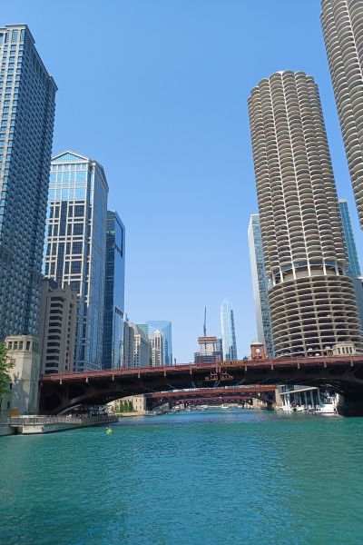 A view of downtown buildings from the Chicago Riverwalk