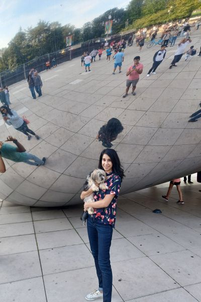 My dog and I in front of the Bean at Millennium Park