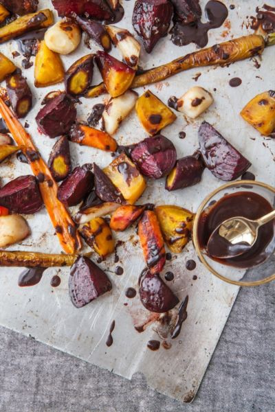 a mix of sliced, roasted potatoes - includes sweet potatoes and purple potatoes - for you next toddler meal prep